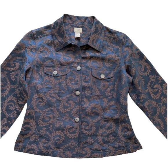 J. Jill Jacket Top Blue Brown Scroll Linen Silk Blend Lightweight Jacket Size 4 - Picture 8 of 11